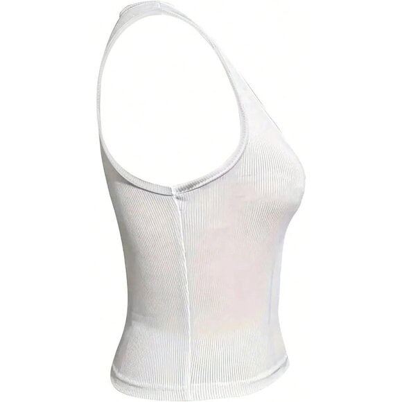 Women's Letter Print Crop Tank Top Cotton Slim Fit Notched Neck Sleeveless - Picture 3 of 5